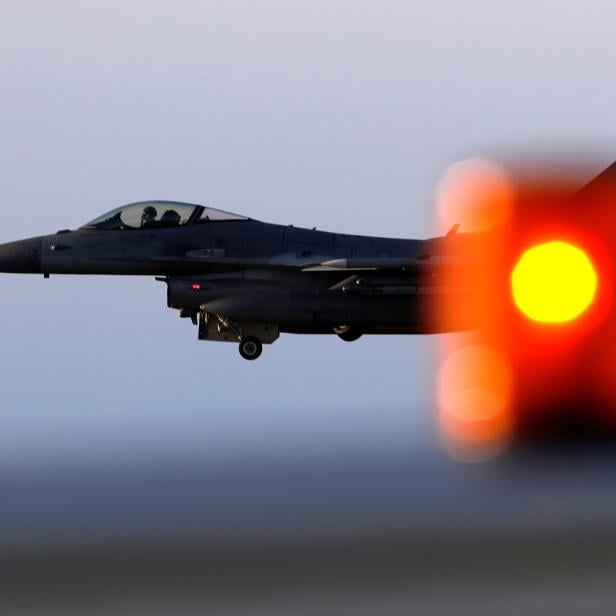 Poland's Air Force F-16 fighter jet flies over Riga International Airport during NATO Air Policing mission in Riga