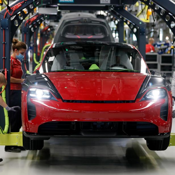 Production of Porsche Taycan electric sports car during corona pandemic in Stuttgart