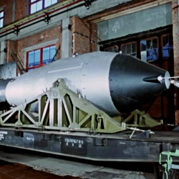 A constructor works on the so-called Tsar Bomba in an unknown location in USSR