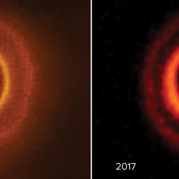 Zwei Aufnahmen des Sterns HD 141569A und seiner Staubscheibe aus den Jahren 2017 und 2018.