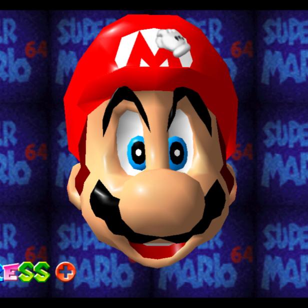 Marios Kopf vor dem Hintergrund des „Super Mario 64“-Logos.