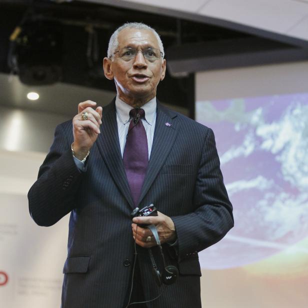 NASA administrator Charles Bolden speaks during a presentation to students about NASA's exploration plans in our solar system and on the planet Mars, at a local university in Lima