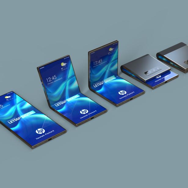 Mehrere HP-Prototyp-Smartphones mit faltbaren Bildschirmen werden gezeigt.