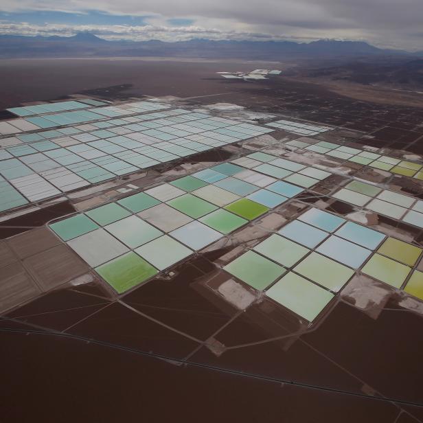 FILE PHOTO: An aerial view shows the brine pools of SQM lithium mine on the Atacama salt flat in the Atacama desert of northern Chile