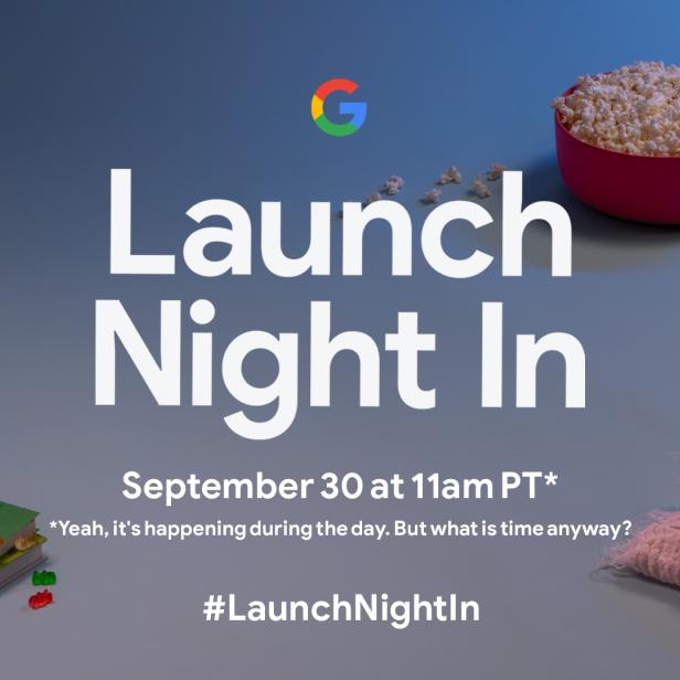 Werbung für „Launch Night In“ von Google am 30. September mit Snacks wie Popcorn und Gummibärchen.