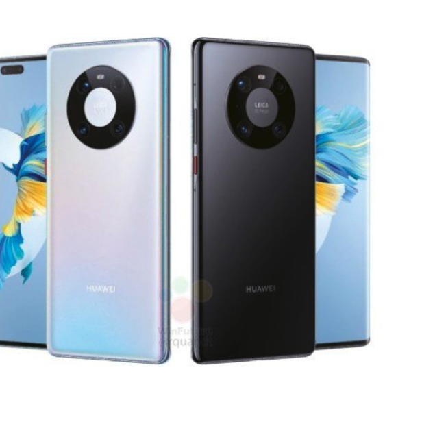 Zwei Huawei Mate-Handys, eines in Weiß und eines in Schwarz, stehen nebeneinander.