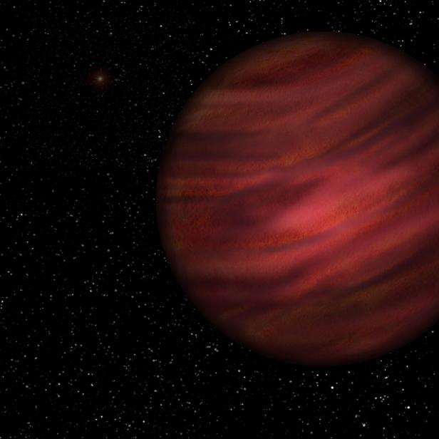 Ein rotbrauner Planet vor einem Sternenhintergrund.