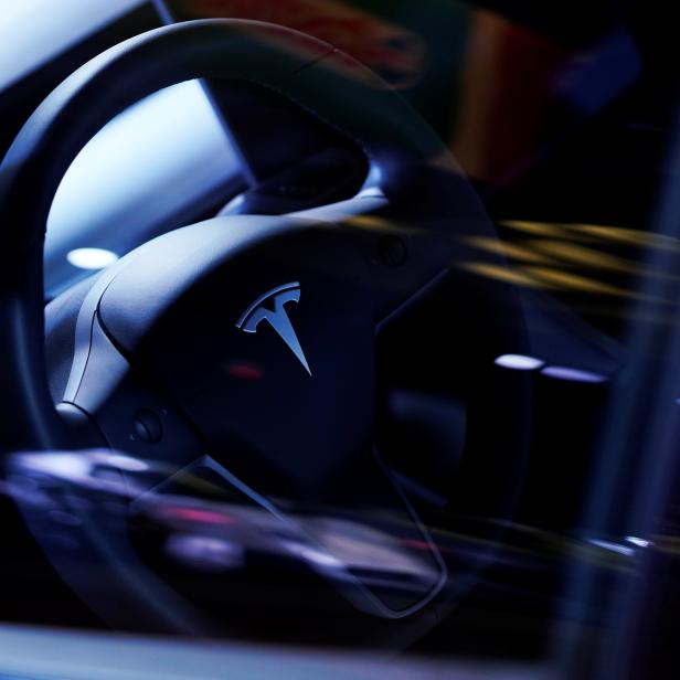 A Tesla Model S steering wheel is on display at the Canadian International AutoShow in Toronto