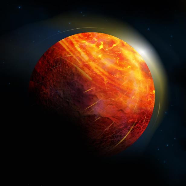 Ein rotglühender Planet mit Meteoriten im Weltraum.