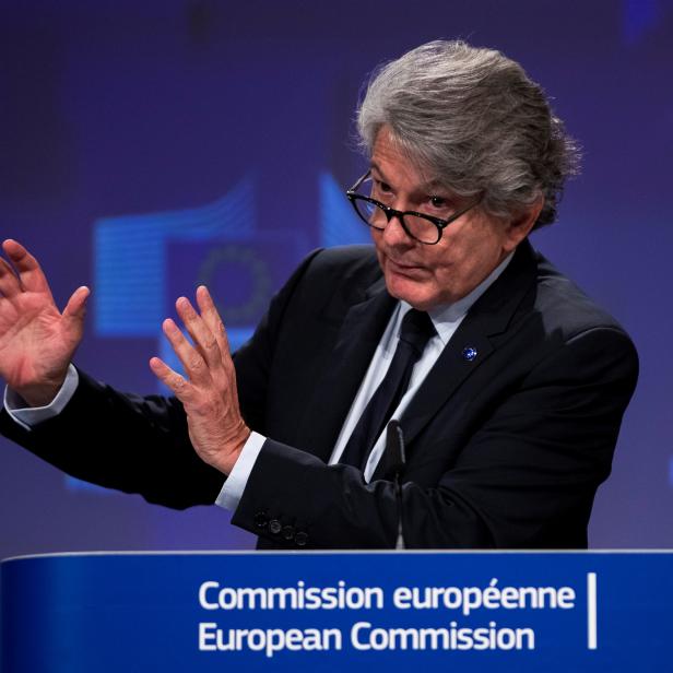 FILE PHOTO: European Union Internal Market Commissioner Thierry Breton talks to journalists during an online news conference at the EU headquarters in Brussels