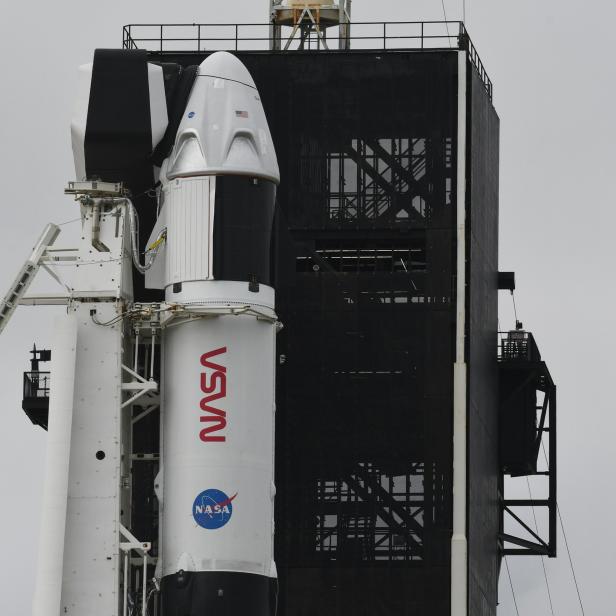 Eine SpaceX Dragon-Kapsel der NASA steht auf der Startrampe.