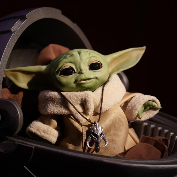 An animatronic Baby Yoda toy is pictured  during a "Star Wars" advance product showcase in the Manhattan borough of New York City