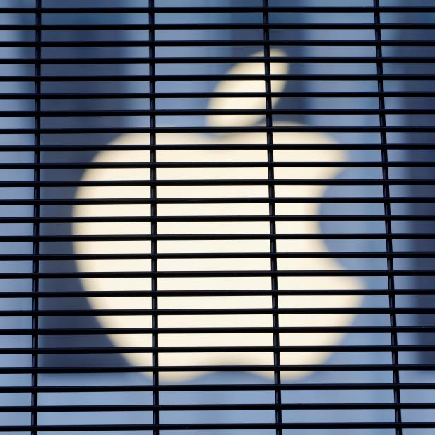 FILE PHOTO: The Apple logo is seen through a security fence erected around the Apple Fifth Avenue store