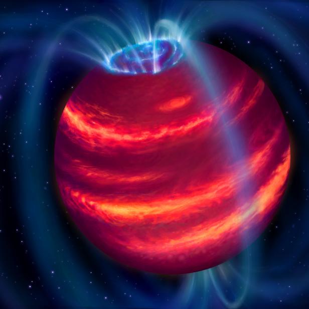 Ein rot gestreifter Planet mit blauen Polarlichtern vor einem Sternenhintergrund.