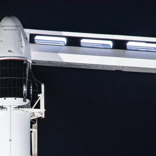 Eine SpaceX Dragon-Kapsel steht auf einer Startrampe.