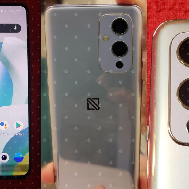 Drei Ansichten eines Smartphones, das die Vorderseite und die Rückseite mit der Kamera zeigt.