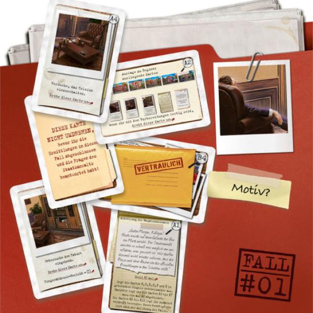 Ein roter Aktenordner mit verschiedenen Hinweiskarten für den „Fall #01“.