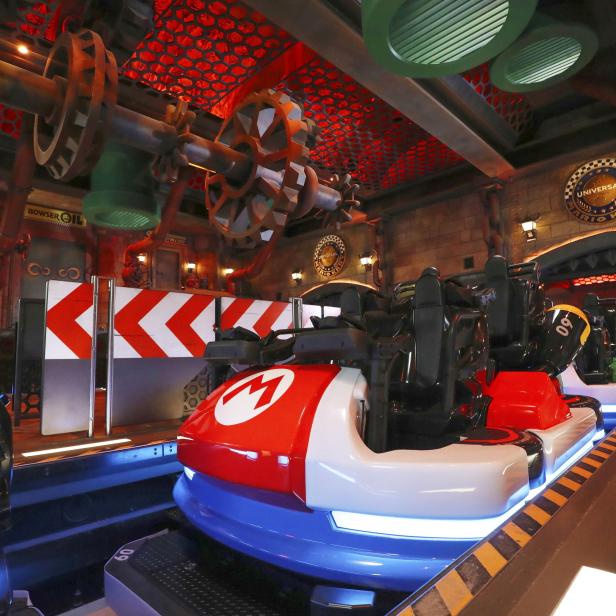 General view shows Mario Kart Station at Super Nintendo World at the Universal Studios Japan theme park in Osaka, western Japan