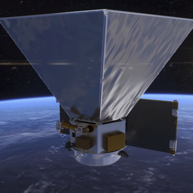 Ein Satellit umkreist die Erde vor dem Hintergrund eines Sterns.