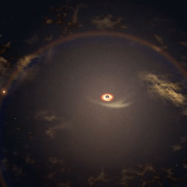 Ein Schwarzes Loch mit einer Staubscheibe und einem Halo aus Licht.