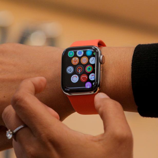 FILE PHOTO: An Apple Store employee shows the new Series 5 Apple Watch during the preview of the redesigned and reimagined Apple Fifth Avenue store in New York