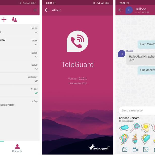 Screenshots des Messengers TeleGuard von Swisscows