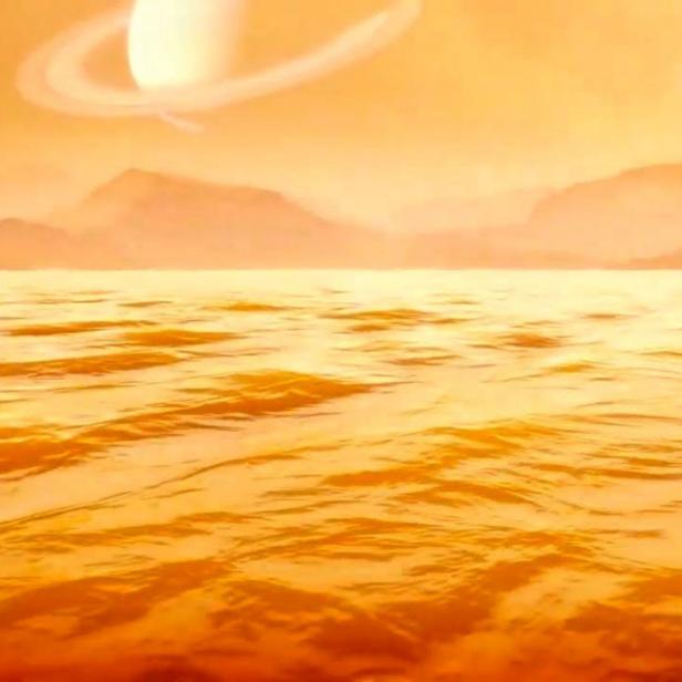 Eine orangefarbene Landschaft mit einem Gewässer und einem Planeten mit Ringen am Himmel.