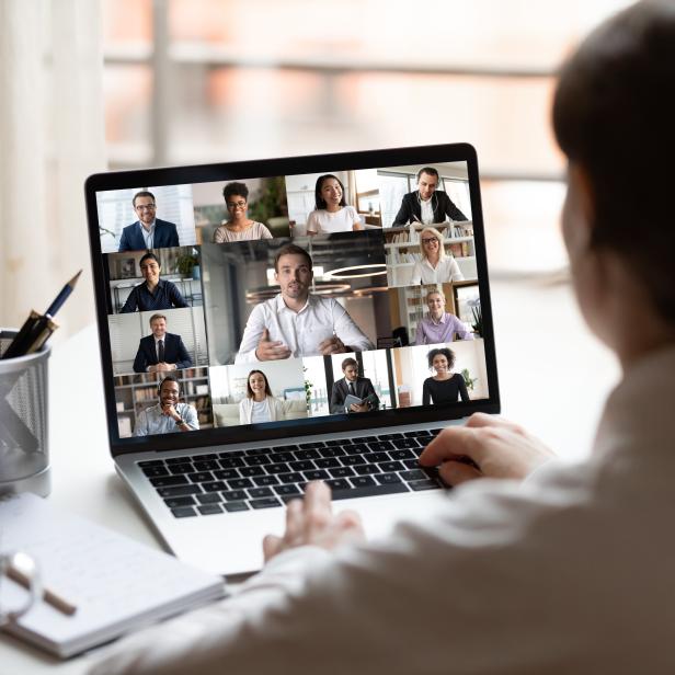 On laptop diverse people collage webcam view over woman shoulder