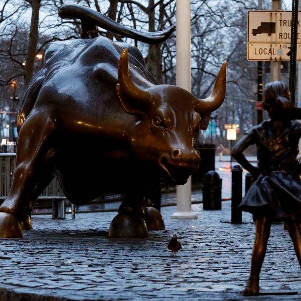 FILE PHOTO: A statue of a girl facing the Wall St. Bull is seen in the financial district in New York