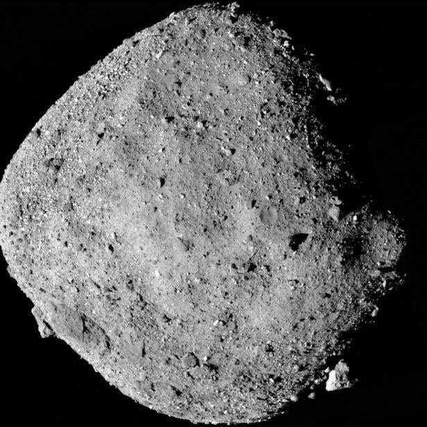 NASA handout of a mosaic image of asteroid Bennu composed of 12 PolyCam images