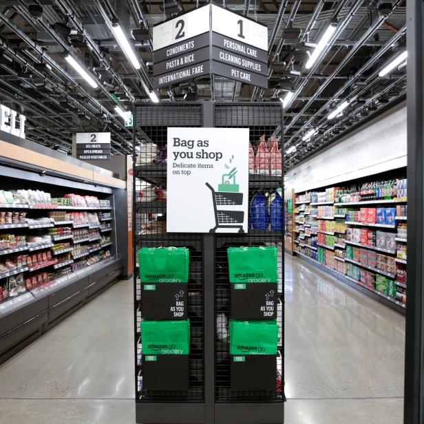 An Amazon Go grocery bags are pictured during a tour of an Amazon checkout-free, large format grocery store in Seattle