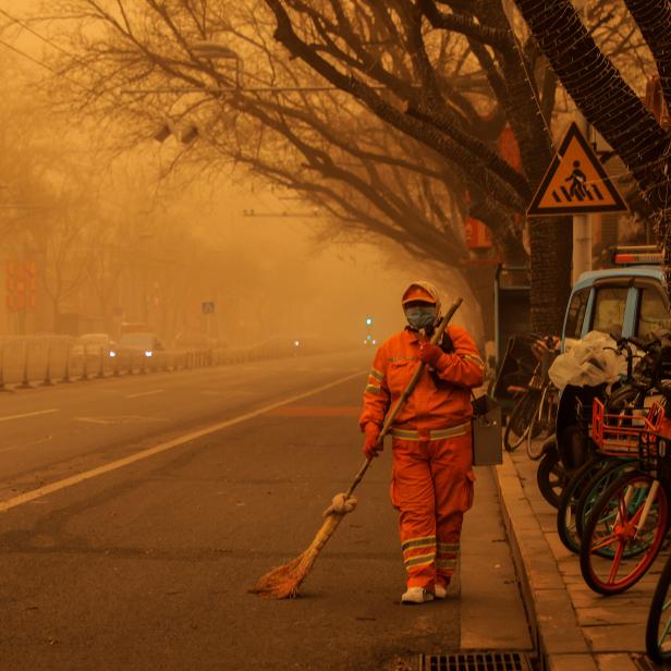 Sandstorm during morning rush hour in Beijing, China