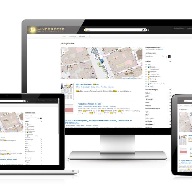 Verschiedene Geräte zeigen die Suchoberfläche von Mindbreeze mit Karten und Suchergebnissen.