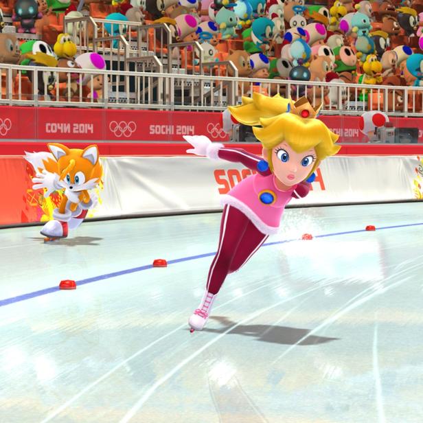 Prinzessin Peach hängt im Eisschnelllauf Tails ab