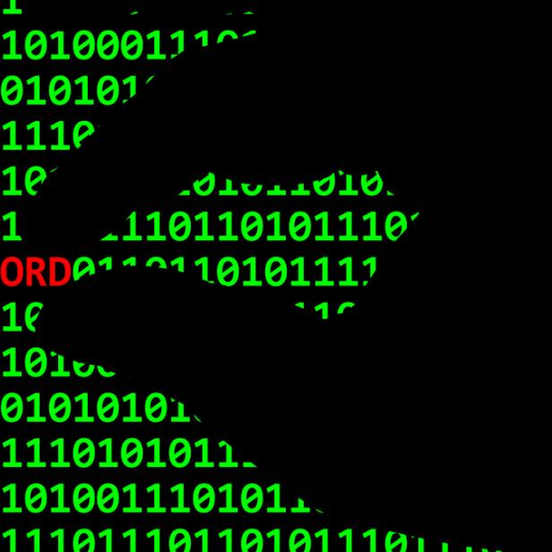 Grüne Binärcode-Zeilen auf schwarzem Grund, wobei das Wort „PASSWORD“ rot hervorgehoben ist.