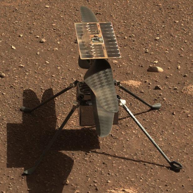Der Mars-Helikopter „Ingenuity“ steht auf der Oberfläche des Mars.