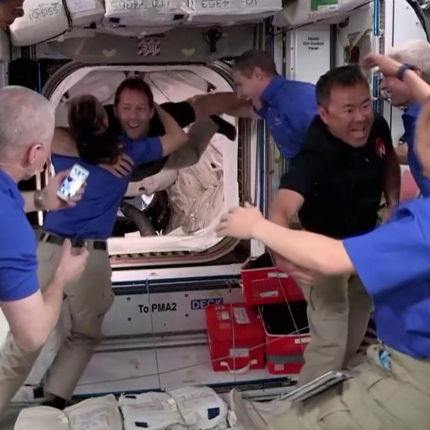 Crew 2 is welcomed by Crew 1 aboard the International Space Station