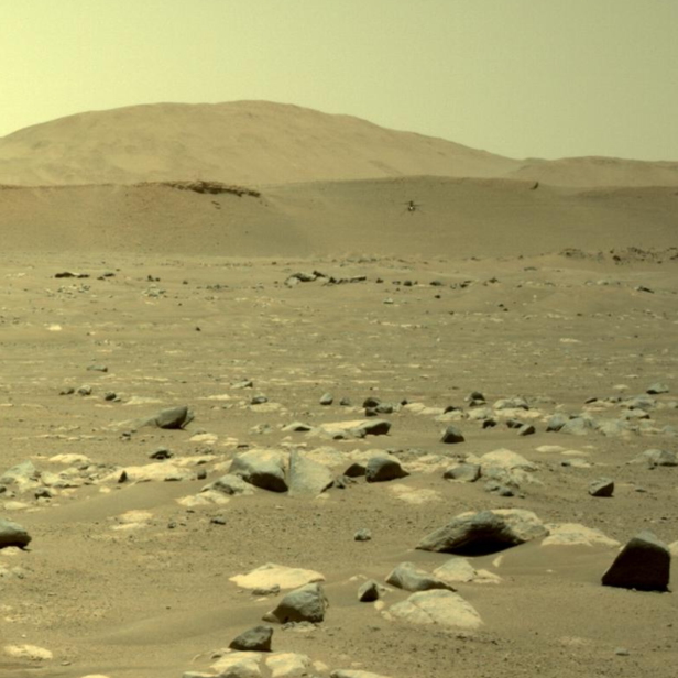 Eine staubige Marslandschaft mit Felsen und einem Hügel im Hintergrund.
