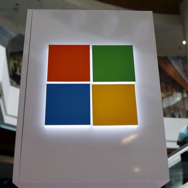 FILE PHOTO: A Microsoft logo is seen at a pop-up site for the new Windows 10 operating system at Roosevelt Field in Garden City