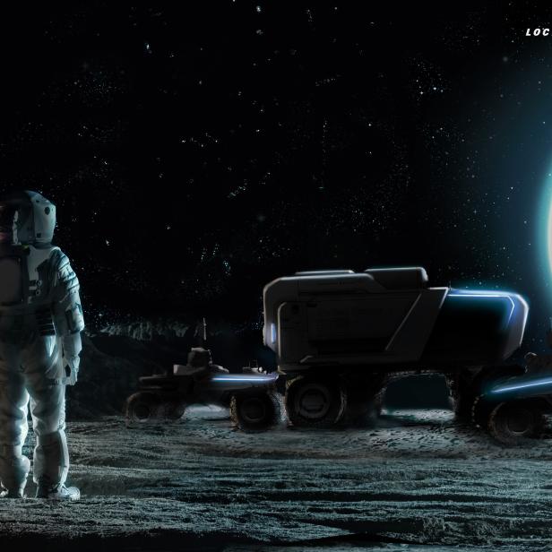Zwei Astronauten und ein Mondfahrzeug auf der Mondoberfläche mit Blick auf die Erde.