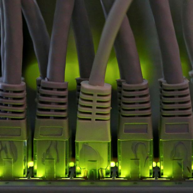 FILE PHOTO: LAN network cables plugged into a Bitcoin mining computer server are pictured in Bitminer Factory in Florence