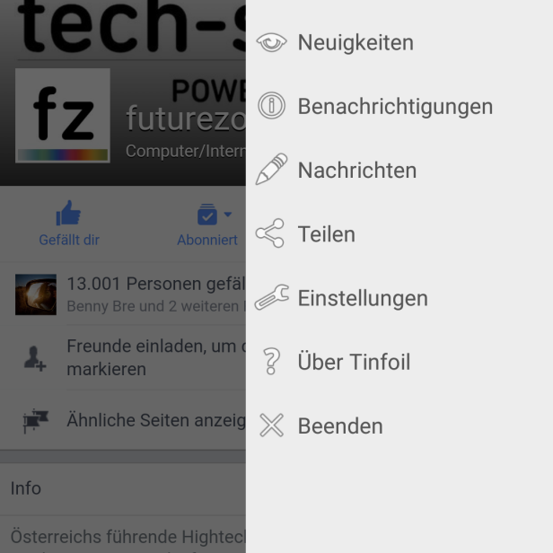 Tinfoil für Facebook - Menü rechts mit diversen Optionen