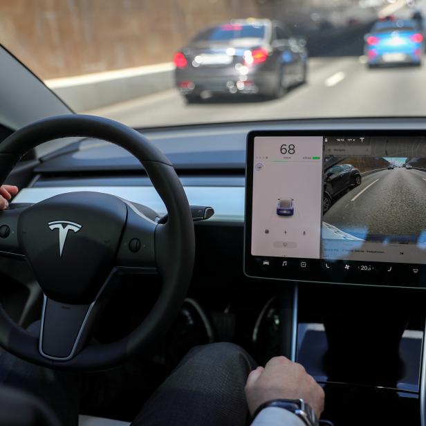 FILE PHOTO: The interior of a Tesla Model 3 electric vehicle is shown in Moscow