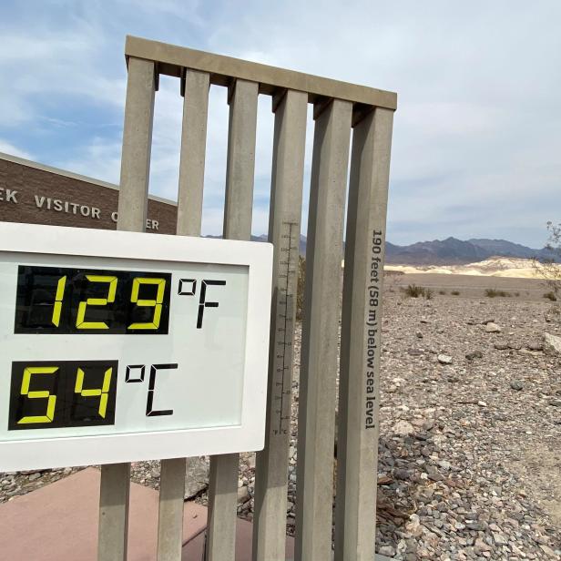 FILE PHOTO: Thermometer shows high temperatures in Death Valley