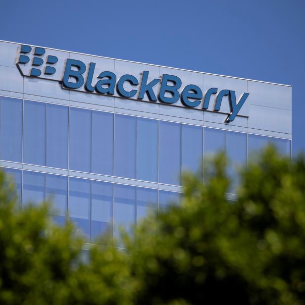 FILE PHOTO: The Blackberry logo is shown on a office tower in Irvine, California