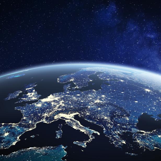 Europe viewed from space at night with city lights in European Union member states, global EU business and finance, satellite communication technology, 3D render of planet Earth, world map from NASA