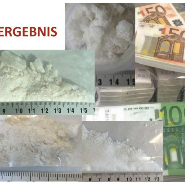 Beschlagnahmte Drogen und Euro-Banknoten als Ergebnis einer Razzia.