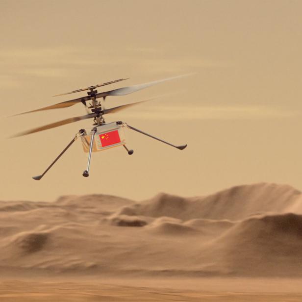 Ein chinesischer Helikopter auf der Marsoberfläche.
