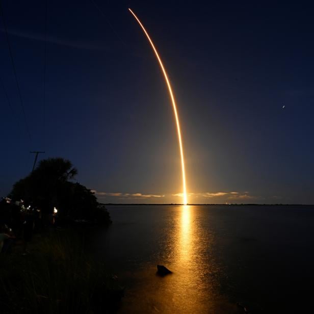 The Inspiration 4 civilian crew aboard a SpaceX Falcon 9 rocket launches from Kennedy Space Center