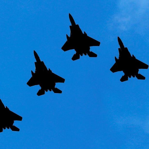 FILE PHOTO: The U.S. Air Force F-22 fighter jets fly in formation during 4th of July flyover over Hudson River past New York City and New Jersey